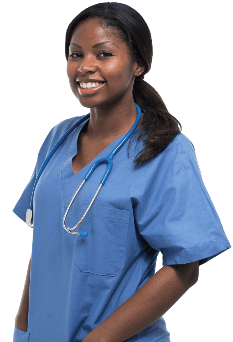 A smiling woman wearing blue medical scrubs and a stethoscope around her neck stands against a plain white background.